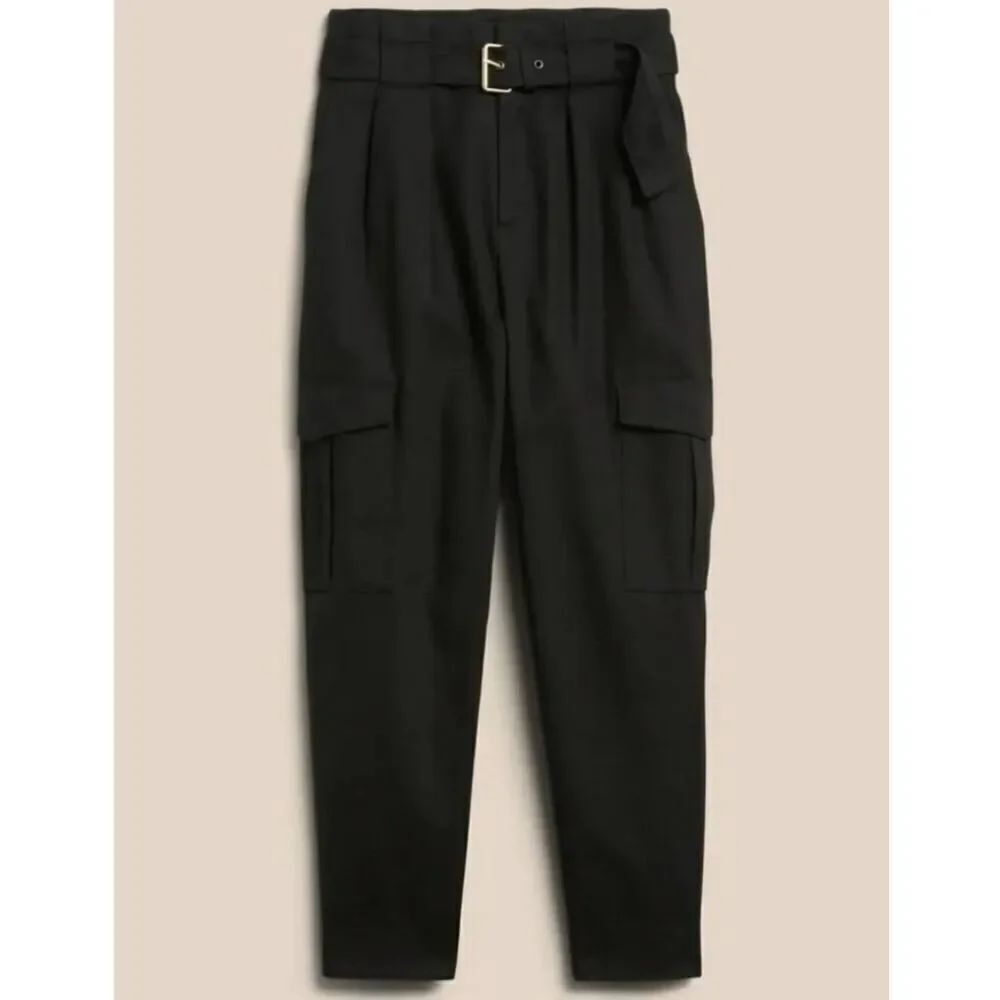 Banana Republic Pants Women's 12 Black Voyage Cargo Tapered Cotton Twill Belted